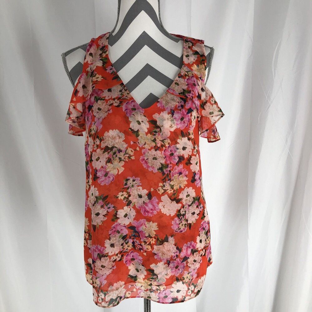 Cabi Women Floral Short Cold Shoulder Sleeve V-Neck Lined Blouse Size S